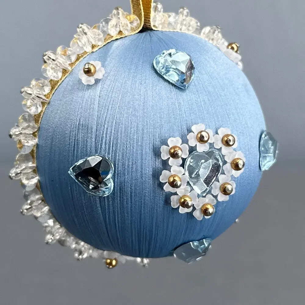 4 VTG Handmade Push Pin Satin Ball Ornament Bead Sequin Christmas ribbon Kitschy